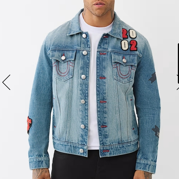 True Religion Light Blue Denim Jacket with Red Patches